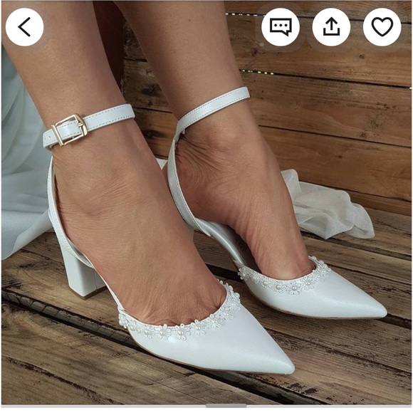 White block heel wedding shoes with lace and pearl flower detailing - Picture 6 of 6
